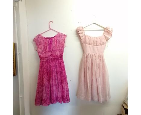 2 x pink 1950's chiffon sleeveless dresses - zip needs replacing in the lighter pink dress 