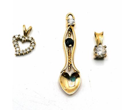 3 x diamond pendants - 1 heart shaped, single stone drop &amp; as a loving spoon / token set with diamond and sapphire 