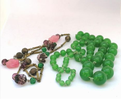 Antique Peking glass graduated green bead necklace 24" long t/w a vintage carved stone, glass and metal necklace 27"  long 