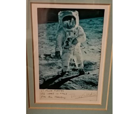 Framed photo (with Apollo 11 patch) signed by Edwin 'Buzz' Eugene Aldrin jr (b.1930) - 15" x 20¾" -the 2nd man to walk on the