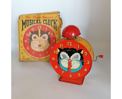 Chad Valley musical clock with cat face (9" height) in original box a/f 