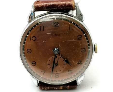 Gents EMKA vintage oversized Art Deco wristwatch stainless steel back 1¼" diameter with a copper coloured dial on a leather s