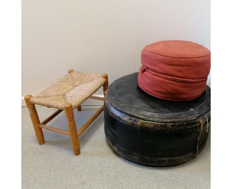 Antique black leather pouffe (21") t/w smaller red pouffe (12") &amp; rush seated stool 