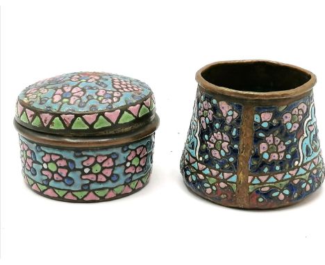 2 Syrian copper and enamel pots one lidded 2" high 