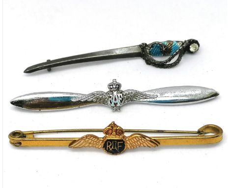 2 RAF bar brooches and a Charles Horner silver and enamel sword brooch 