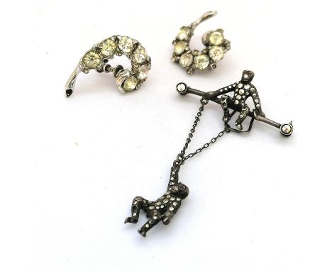 Vintage screw back white stone set costume earrings t/w a silver and Marcasite brooch. some losses to both 