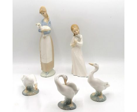 3 x Lladro geese, lladro girl holding sheep (11") &amp; a Nao girl holding a dog 