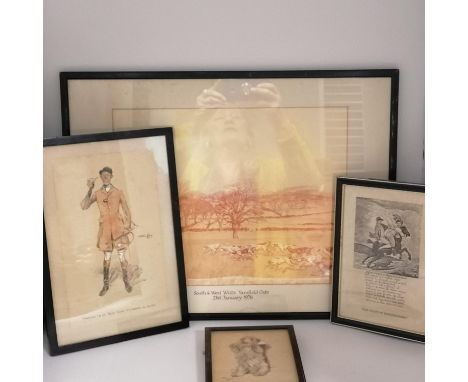 3 x hunting related pictures inc salacious print of a 'new feats of horsemanship' + Cecil Aldin picture of a dog 