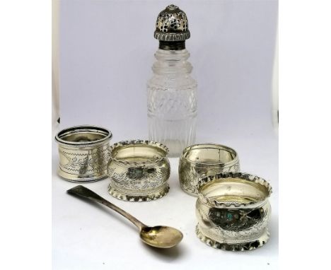 Pair of silver napkin rings + 2 others, silver topped glass bottle &amp; a Georgian spoon (4¾") - total silver content 97g 