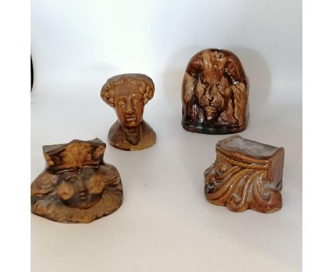 4 x odd 19th century window sash rest stops  modelled in the shape of a ladies head, head wearing hat, lions head & scroll de
