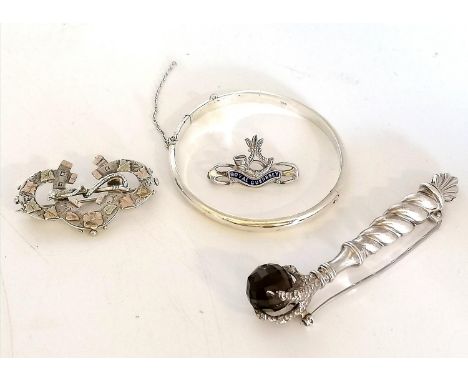 Large unmarked silver claw brooch holding a smoky quartz facetted ball (3" length) t/w 2 silver brooches &amp; a bangle 