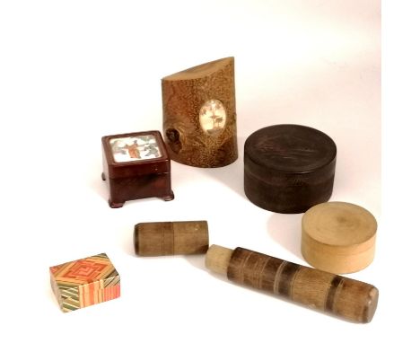 Qty of boxes etc inc ceramic topped chinese box + a section of tree with an inset miniature of a tree (6 items) 