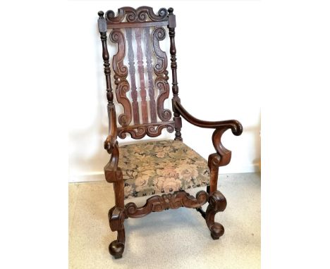 Continental carved oak hall chair with tapestry seat 