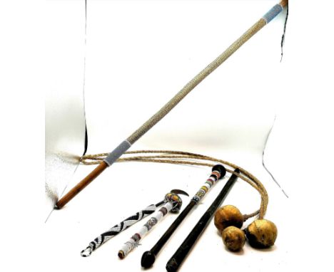 Tribal stick with bead and wickerwork decoration 34" long t/w Bolas, leather swagger stick and 2 beadwork clubs and a hooked 