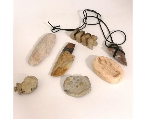 Oddments inc a flint arrowhead pendant t/w 2 stone cutting tools a lead cast head etc 