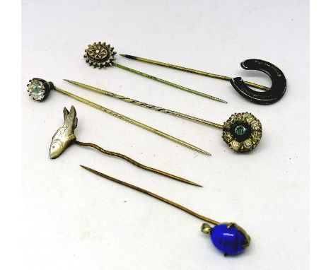 6 antique stick pins including a mother of pearl fish 