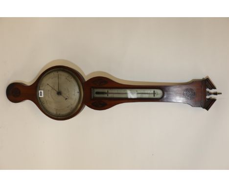 ORTELLY & CO, MACCLESFIELD, AN EARLY 19TH CENTURY MAHOGANY SHELL INLAY BANJO BAROMETER, 8 ins silvered dial with long thermom