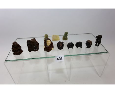 FIVE VARIOUS CARVED WOODEN NETSUKE, all with signatures, three carved wooden OKIMONO and sundry jadeite items.   