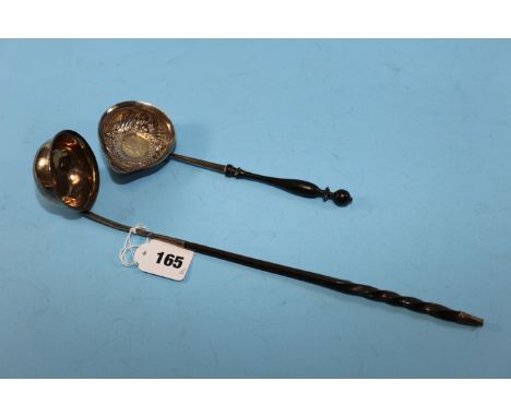 A GEORGIAN SILVER PUNCH LADLE with George II coin inset bowl and whalebone handle (faults) and a smaller DITTO hallmarked Lon