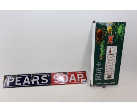 AN EARLY 20TH CENTURY RED/BLUE ENAMEL "PEARS SOAP" SIGN from the back of a bus seat, 3 ins x 18 1/2 ins and an enamelled "Bay