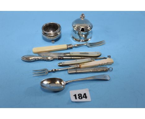 A GEORGE V SILVER PIERCED SIDED MUSTARD POT AND COVER, blue glass liner, Birmingham 1913, miscellaneous silver CUTLERY, a sil