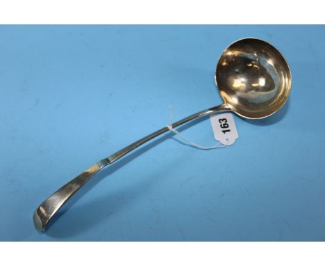 A GEORGE III OLD ENGLISH PATTERN SILVER SOUP LADLE, makers mark rubbed, London 1802, repairs/faults, approximately 5oz.   