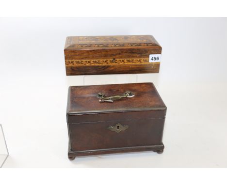 A VICTORIAN RECTANGULAR ROSEWOOD AND TUNBRIDGEWARE INLAID GLOVE BOX inlaid with a foliate panel, 10 ins x 4 ins and a George 