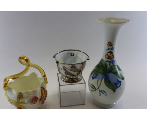 A VICTORIAN FLORAL DECORATED MILK GLASS SUGAR BASIN with plated stand, a Victorian floral decorated opaque glass VASE, 12 ins