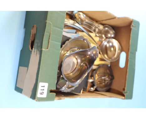 A BOX OF SUNDRY PLATED WARE including a Kings pattern soup ladle.   