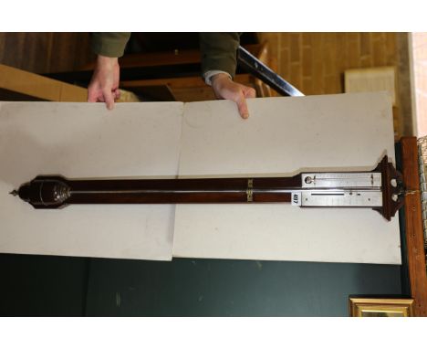 FRANCES WATKINS, LONDON, A GEORGIAN MAHOGANY STICK BAROMETER silvered register plate with thermometer, scroll neck pediment a