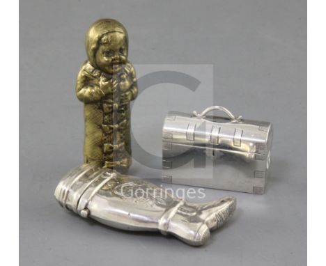 A Victorian novelty silver pill or snuff box modelled as a trunk, by William Hunter, 1846, a novelty continental silver boot 