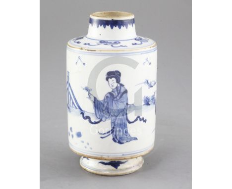 A Chinese blue and white cylindrical jar, Kangxi period, painted with a lady and a dancing boy in a rockwork garden, height 1