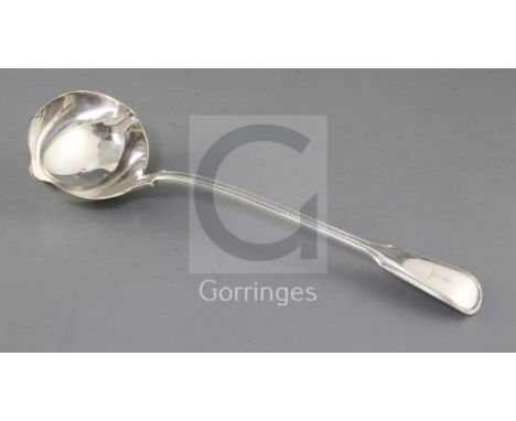 A Victorian silver fiddle and thread pattern double lipped soup ladle, by George Adams, with engraved crest, London, 1861, 33