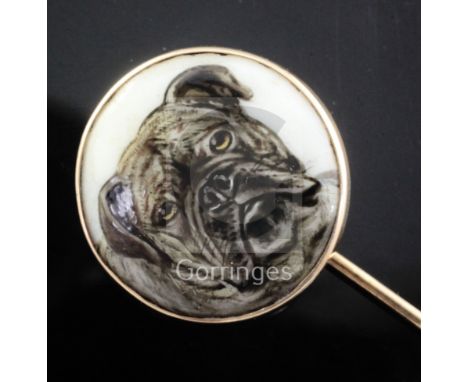 John William Bailey-(active 1860-1910) a gold mounted enamel tie pin inset with a portrait of a bulldog signed and dated 1879