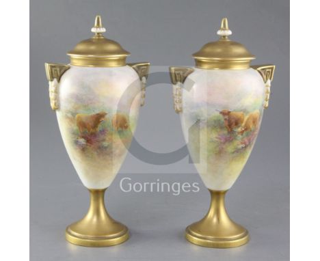 Harry Stinton for Royal Worcester. A pair of Highland cattle painted two handled vases and cover, c.1950, the ovoid bodies wi