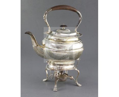 A late Victorian demi-fluted silver tea kettle on stand, with burner, Henry Howson, of oval form, with gadrooned borders, on 