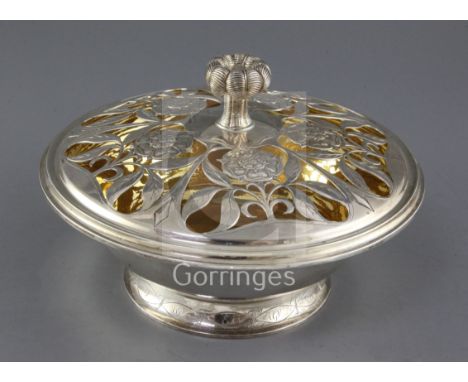 A 1960's J. P. Wood for Asprey & Co silver commemorative rose bowl and pierced cover, craftsman K. Tasker, with foliate decor
