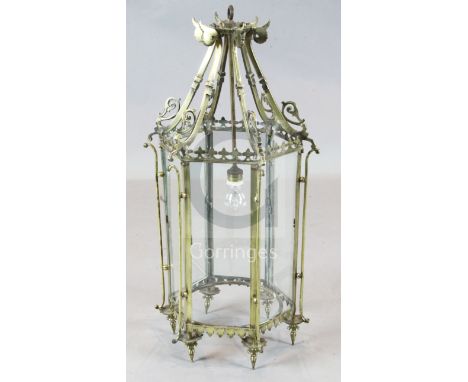 A Victorian brass hexagonal hall lantern, height 31in. diameter 15.5in.