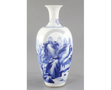 A Chinese blue and white ovoid vase, Kangxi period, painted with a sage in a mountainous river landscape with pavilions, heig