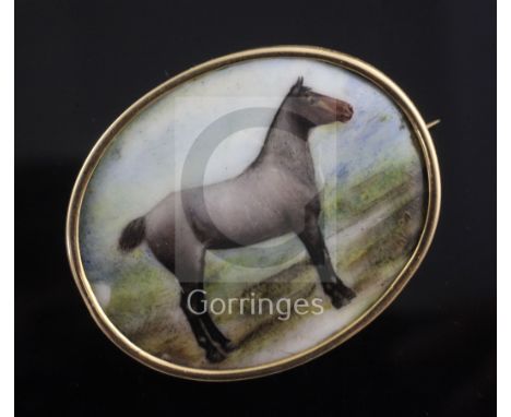 John William Bailey-(active 1860-1910) a gold mounted enamel brooch inset with a portrait of a horse 'Balsam' signed and date