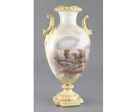 John Stinton for Royal Worcester. A 648 shape ovoid twin handled vase, date code for 1903, one side painted with three Highla