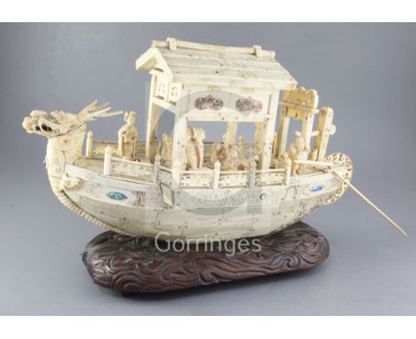 A large Japanese sectional ivory and shibayama style model of a ship, Meiji period, the ship made of veneered sections of wal