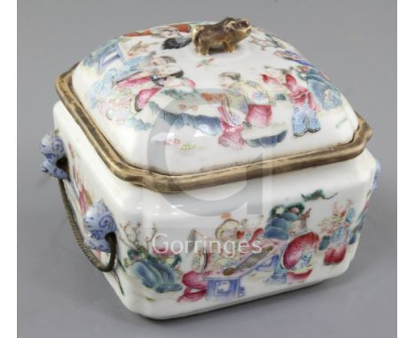 A Chinese famille rose square food warming vessel, liner and cover, Tongzhi mark and of the period (1862-74), painted with th