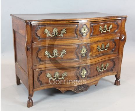 An 18th century French fruitwood serpentine commode, with two short and two long drawers, on stylised hoof feet, W.4ft D.2ft 