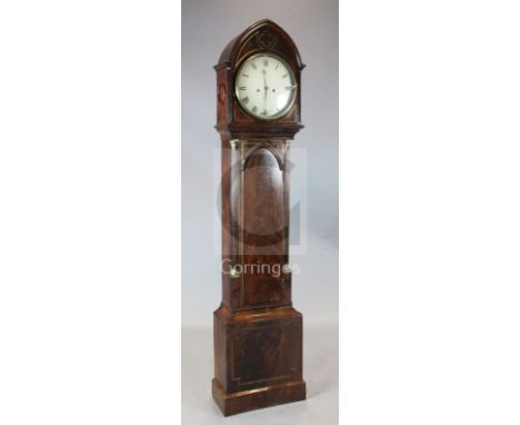An early 19th century brass inlaid mahogany longcase clock, Magine, Pimlico, the lancet case with stop fluted quarter columns