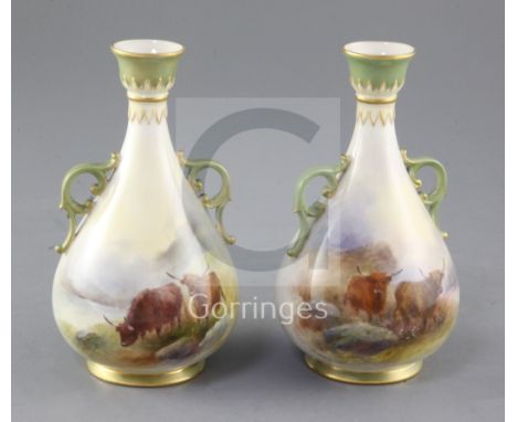 Harry Stinton for Royal Worcester. A pair of two handled bottle vases, c.1909, each painted with Highland cattle in a landsca