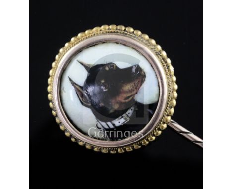 John William Bailey-(active 1860-1910) a gold mounted enamel tie pin inset with a portrait of a dog 'Champion Squire by J.W.B