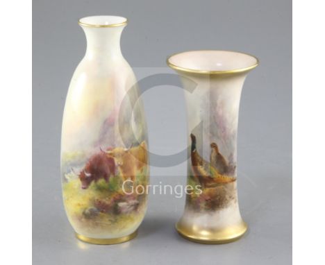 Two Royal Worcester hand painted small vases, c.1937, the first painted by Harry Stinton with Highland cattle in a landscape,