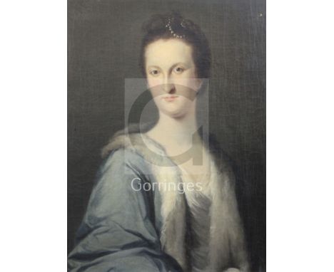 Early 18th Century English Schooloil on canvasPortrait of a lady wearing a blue dress and pearls in her hair27 x 21in.