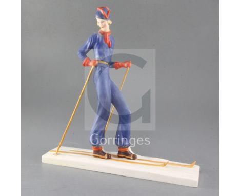 A William Goebel Art Deco pottery figure of a woman skier, impressed model no.FF37/1 and monogrammed WG below a crown, height